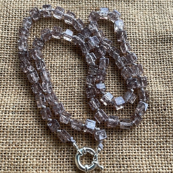 Crackle Stone Square Necklace Knotted designer In style Gray Handmade - Picture 4 of 7